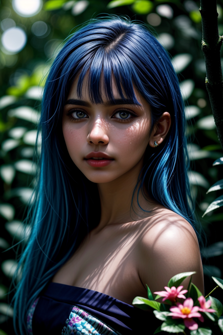 31074588-3889919804-fashion photography portrait of indian girl with blue hair, in lush jungle with flowers, 3d render, cgi, symetrical, octane rend.png